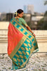 Teal Green Coral Orange Banarasi Silk Saree with Rich Golden Zari Border