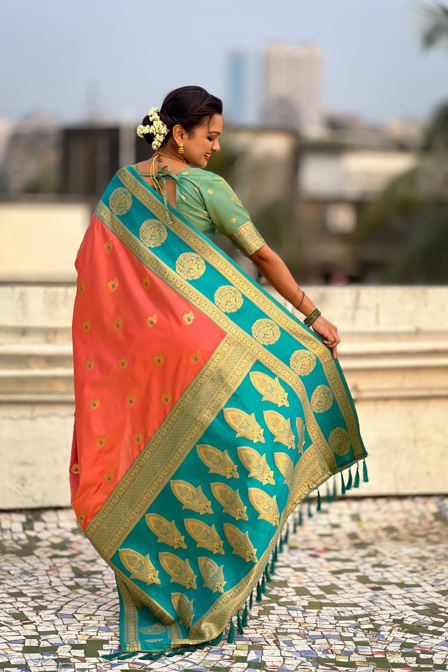 Teal Green Coral Orange Banarasi Silk Saree with Rich Golden Zari Border