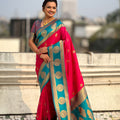 Red Teal Green Banarasi Silk Saree with Rich Golden Zari Border