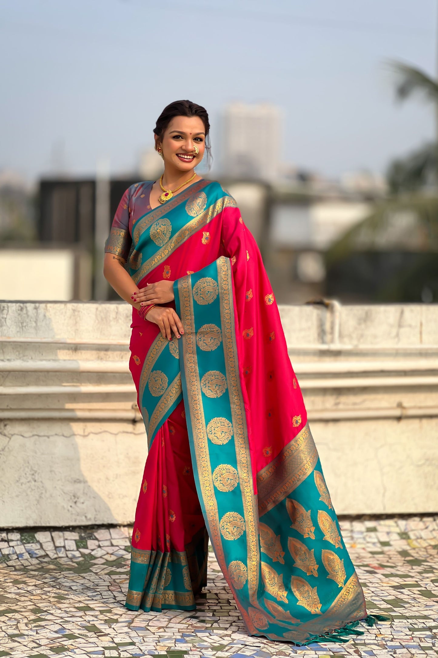 Red Teal Green Banarasi Silk Saree with Rich Golden Zari Border