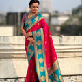 Red Teal Green Banarasi Silk Saree with Rich Golden Zari Border 