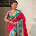 Red Teal Green Banarasi Silk Saree with Rich Golden Zari Border