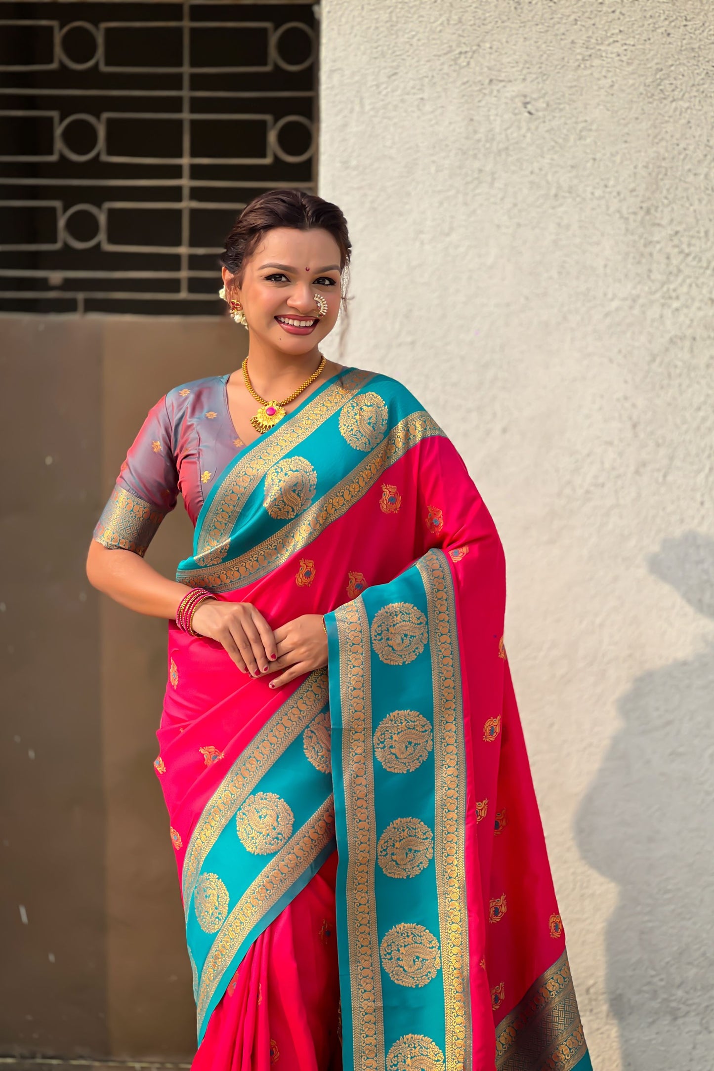 Red Teal Green Banarasi Silk Saree with Rich Golden Zari Border