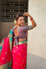 Red Teal Green Banarasi Silk Saree with Rich Golden Zari Border