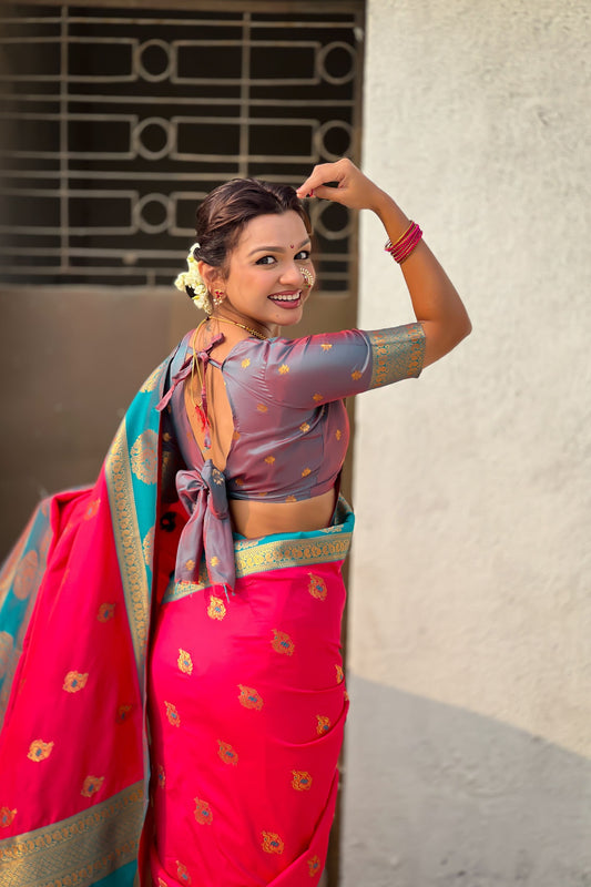 Red Teal Green Banarasi Silk Saree with Rich Golden Zari Border