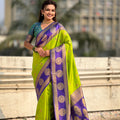 Lime Green Purple Banarasi Silk Saree with Zari Woven Border