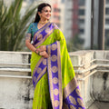 Lime Green Purple Banarasi Silk Saree with Zari Woven Border