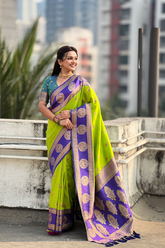 Lime Green Purple Banarasi Silk Saree with Zari Woven Border