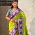 Lime Green Purple Banarasi Silk Saree with Zari Woven Border