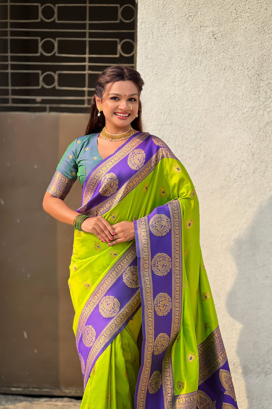 Lime Green Purple Banarasi Silk Saree with Zari Woven Border