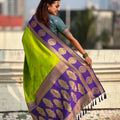 Lime Green Purple Banarasi Silk Saree with Zari Woven Border