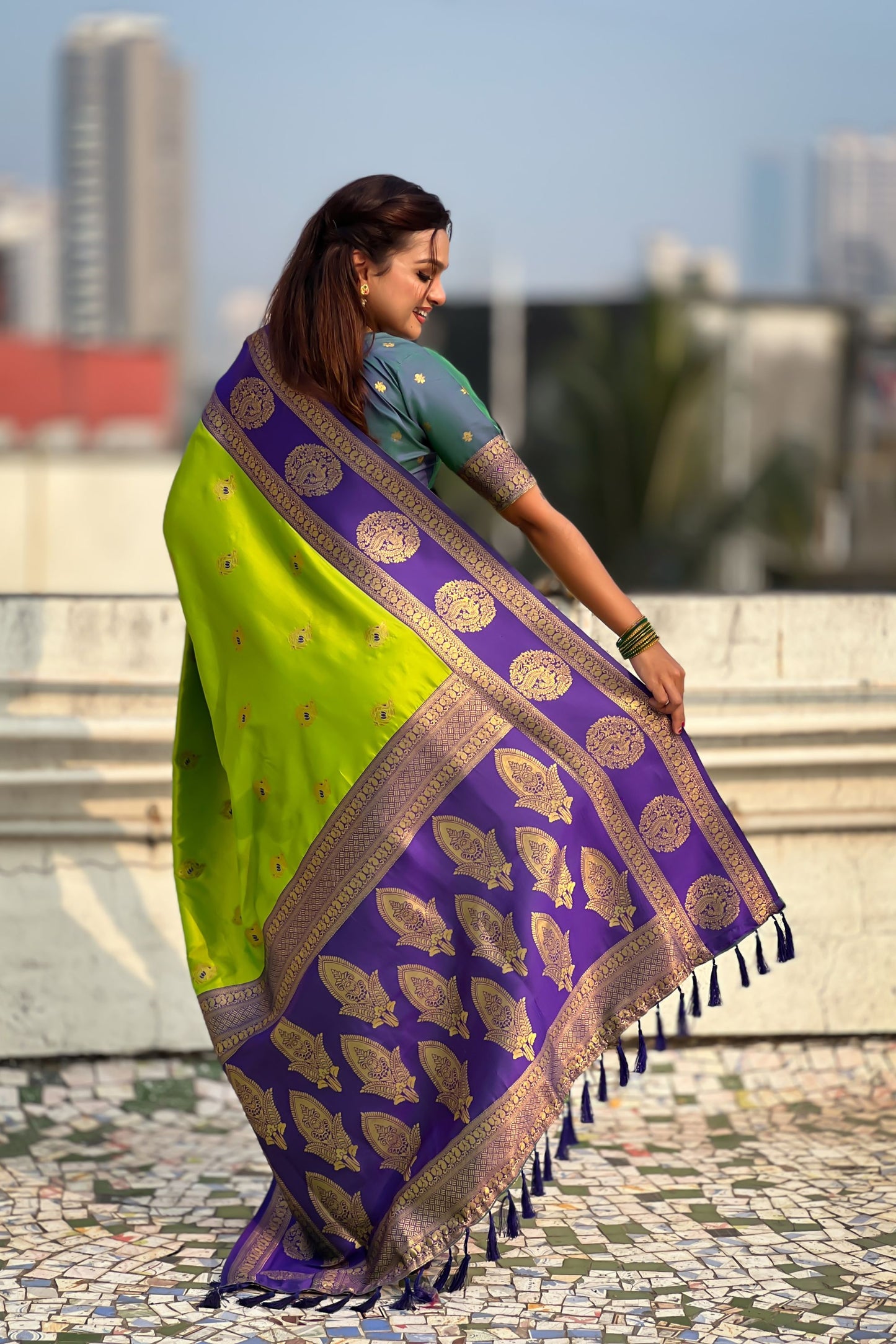 Lime Green Purple Banarasi Silk Saree with Zari Woven Border