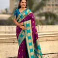 Teal Green Wine Banarasi Silk Saree with Gold Zari Border