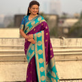 Teal Green Wine Banarasi Silk Saree with Gold Zari Border