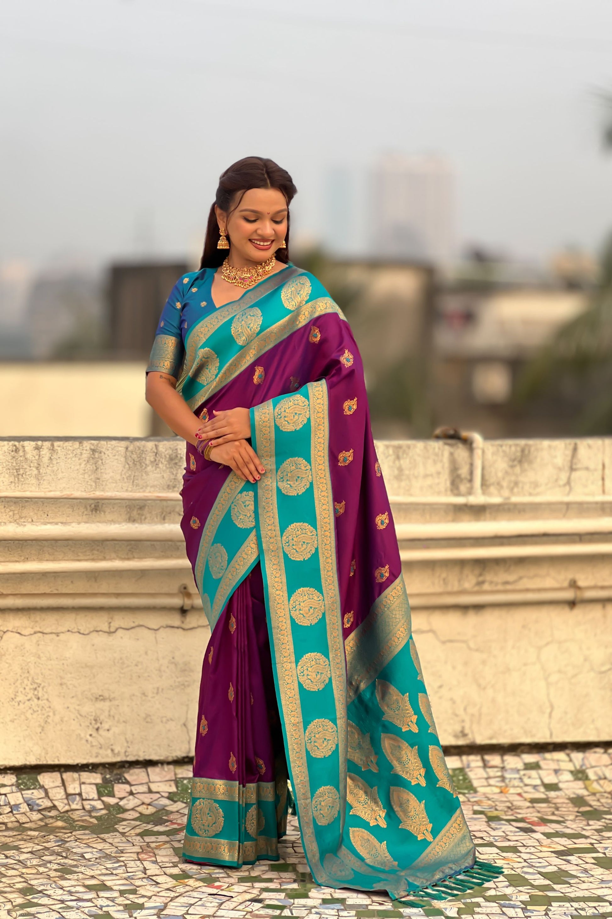 Teal Green Wine Banarasi Silk Saree with Gold Zari Border