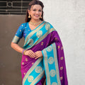 Teal Green Wine Banarasi Silk Saree with Gold Zari Border