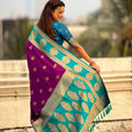 Teal Green Wine Banarasi Silk Saree with Gold Zari Border