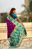 Teal Green Wine Banarasi Silk Saree with Gold Zari Border
