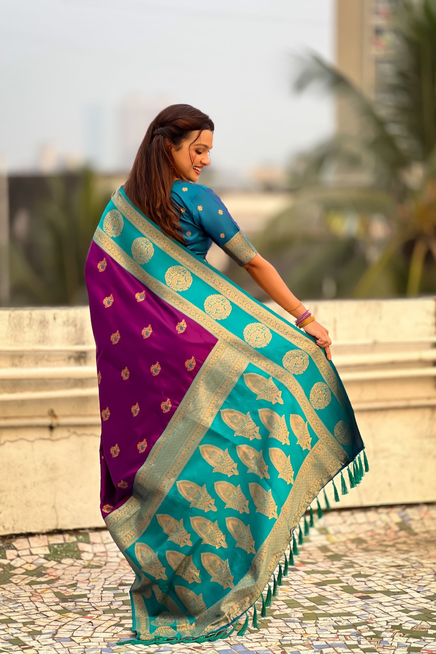 Teal Green Wine Banarasi Silk Saree with Gold Zari Border