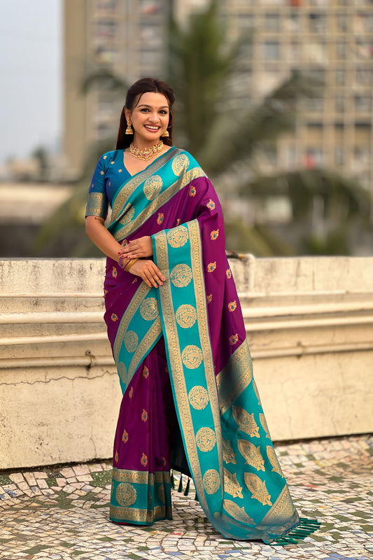 Teal Green Wine Banarasi Silk Saree with Gold Zari Border