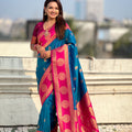 Teal Blue Rani Pink Banarasi Silk Saree with Rich Gold Zari Border