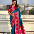 Teal Blue Rani Pink Banarasi Silk Saree with Rich Gold Zari Border
