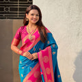 Teal Blue Rani Pink Banarasi Silk Saree with Rich Gold Zari Border