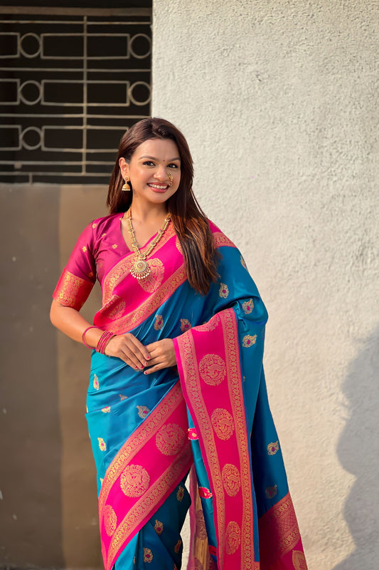 Teal Blue Rani Pink Banarasi Silk Saree with Rich Gold Zari Border