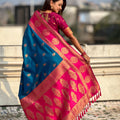 Teal Blue Rani Pink Banarasi Silk Saree with Rich Gold Zari Border