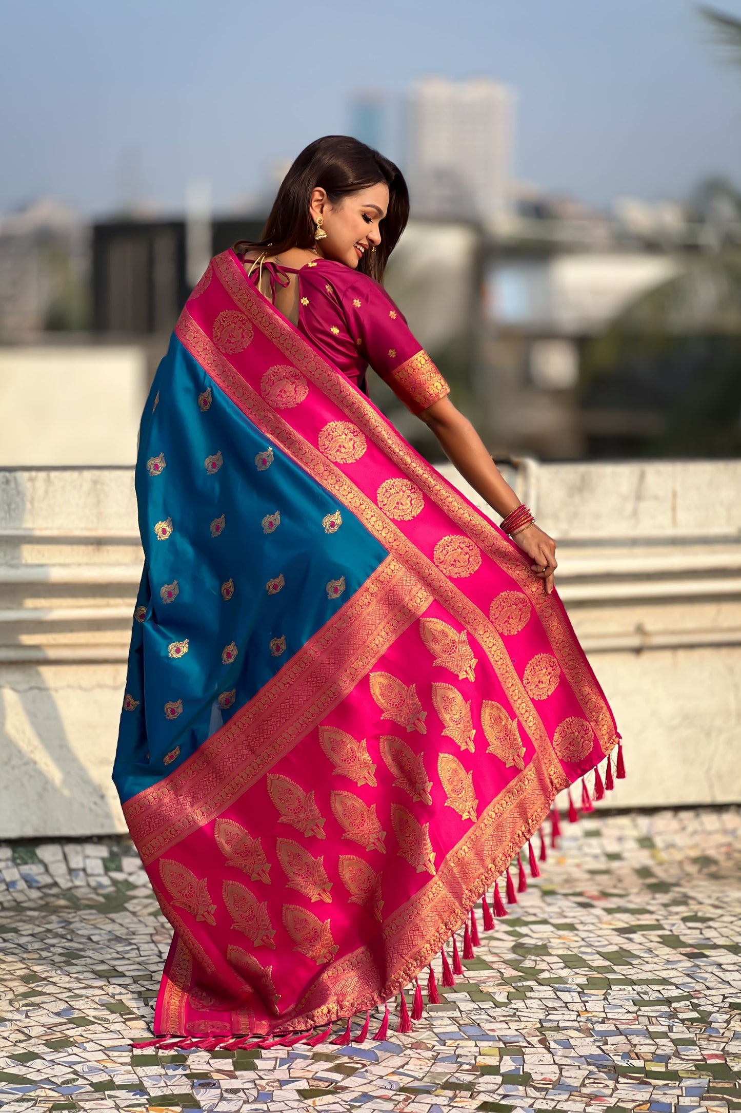 Teal Blue Rani Pink Banarasi Silk Saree with Rich Gold Zari Border