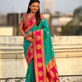 Green Rani Pink Banarasi Silk Saree with Rich Gold Zari Border