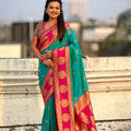 Green Rani Pink Banarasi Silk Saree with Rich Gold Zari Border 