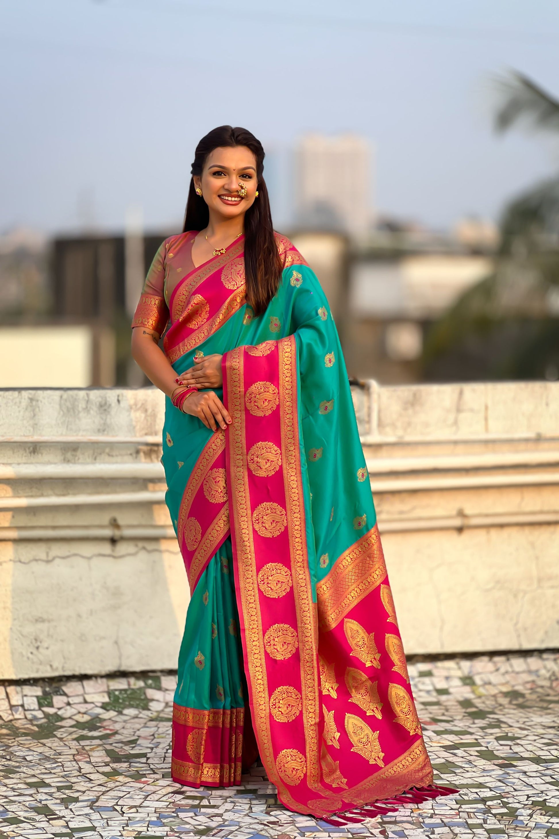Green Rani Pink Banarasi Silk Saree with Rich Gold Zari Border 