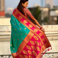 Green Rani Pink Banarasi Silk Saree with Rich Gold Zari Border