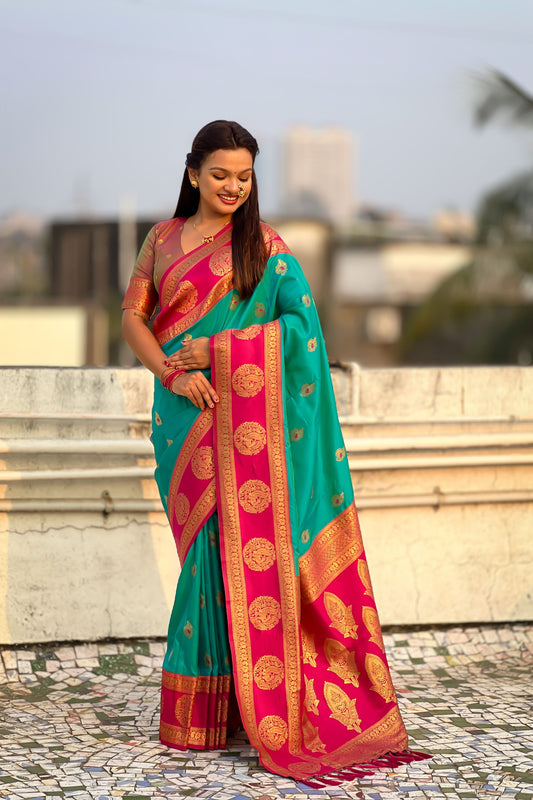 Green Rani Pink Banarasi Silk Saree with Rich Gold Zari Border