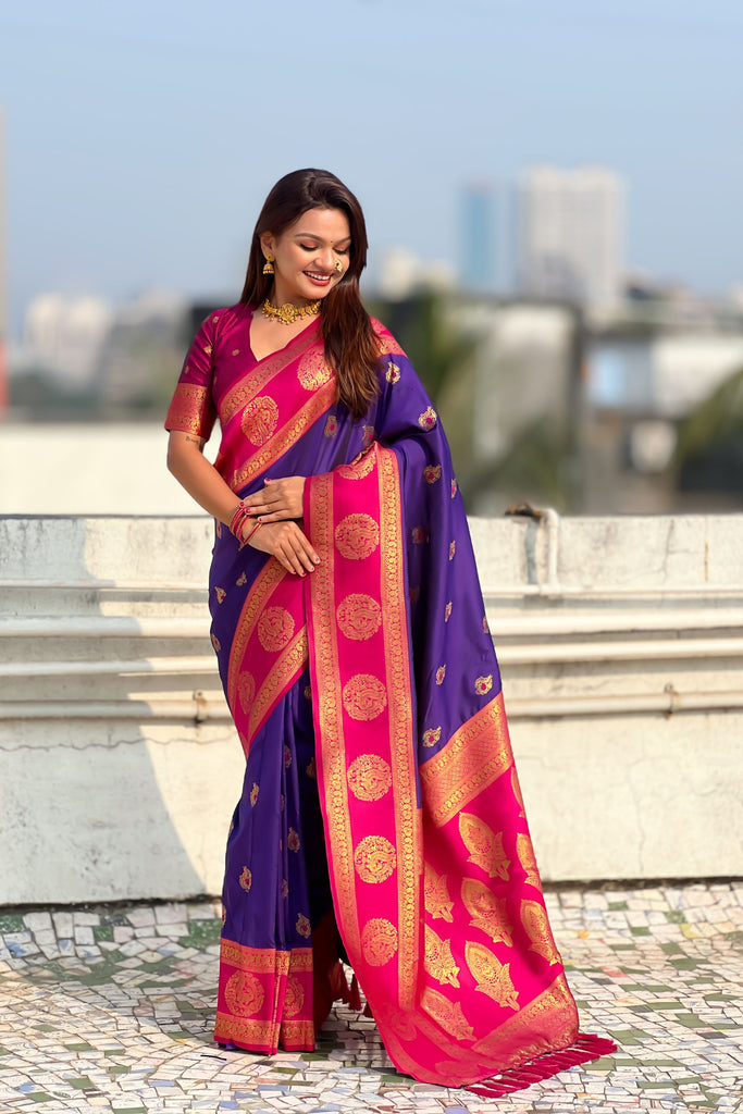 Royal Purple Rani Pink Banarasi Silk Saree with Rich Gold Zari Border 