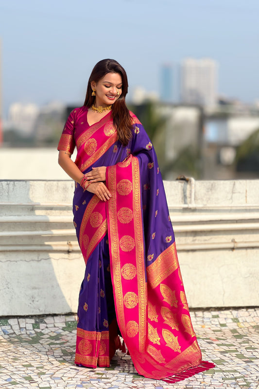 Royal Purple Rani Pink Banarasi Silk Saree with Rich Gold Zari Border 
