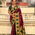 Maroon Green Silk Saree with Gold Zari Work Traditional Saree