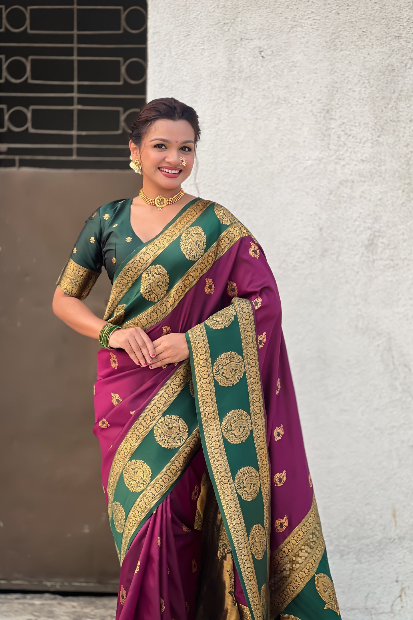 Maroon Green Silk Saree with Gold Zari Work Traditional Saree