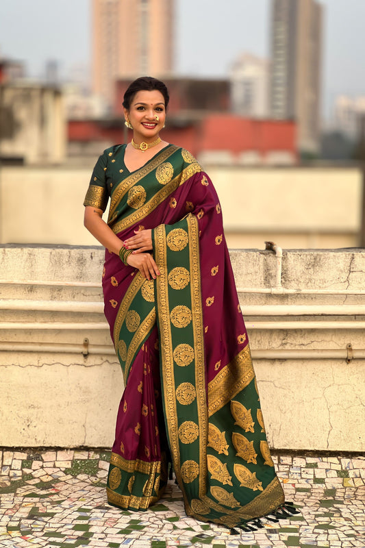 Maroon Green Silk Saree with Gold Zari Work Traditional Saree