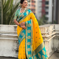 Yellow Teal Green Silk Saree with Gold Zari Work Traditional Saree