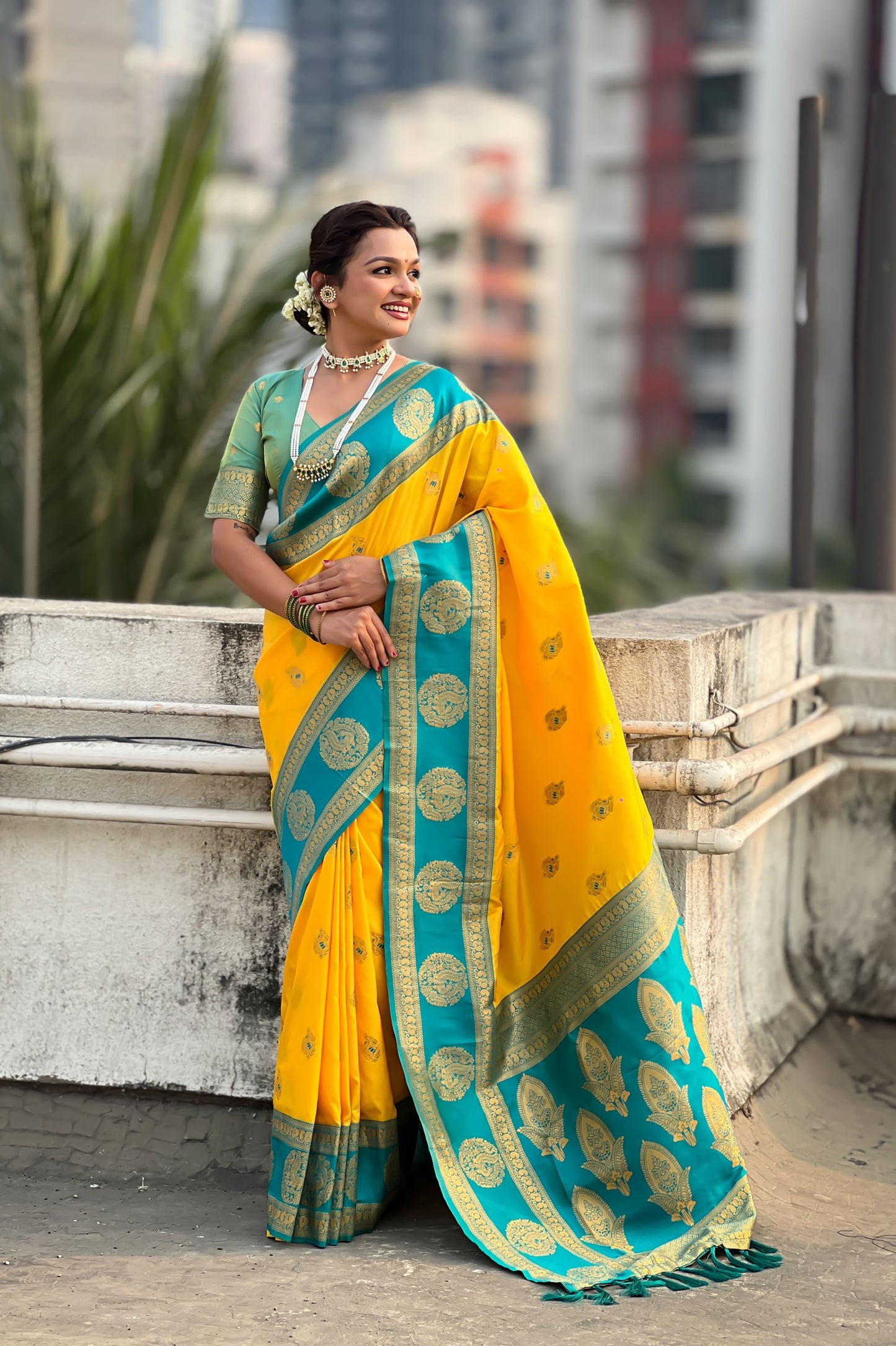 Yellow Teal Green Silk Saree with Gold Zari Work Traditional Saree