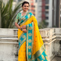  Yellow Teal Green Silk Saree with Gold Zari Work Traditional Saree