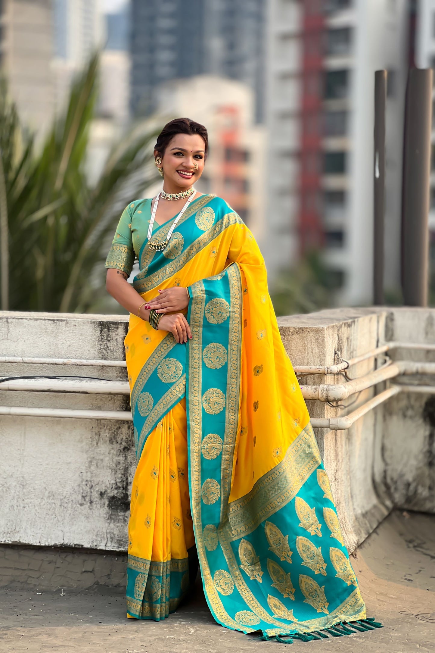  Yellow Teal Green Silk Saree with Gold Zari Work Traditional Saree