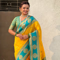 Yellow Teal Green Silk Saree with Gold Zari Work Traditional Saree