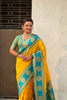 Yellow Teal Green Silk Saree with Gold Zari Work Traditional Saree