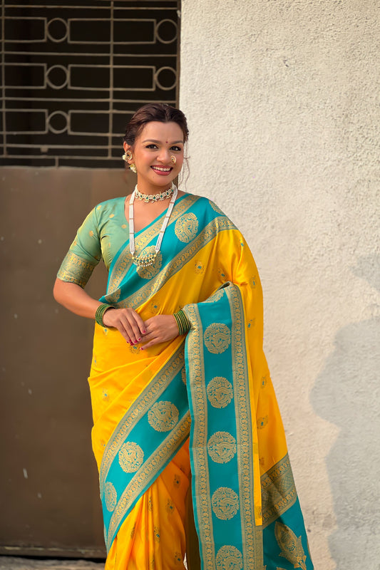 Yellow Teal Green Silk Saree with Gold Zari Work Traditional Saree