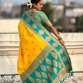 Yellow Teal Green Silk Saree with Gold Zari Work Traditional Saree