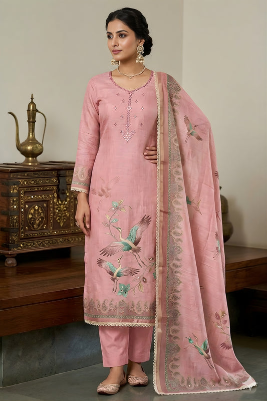 Elegant Dusty Pink Linen Cotton Printed Semi-Stitched Straight Salwar Suit with Dupatta