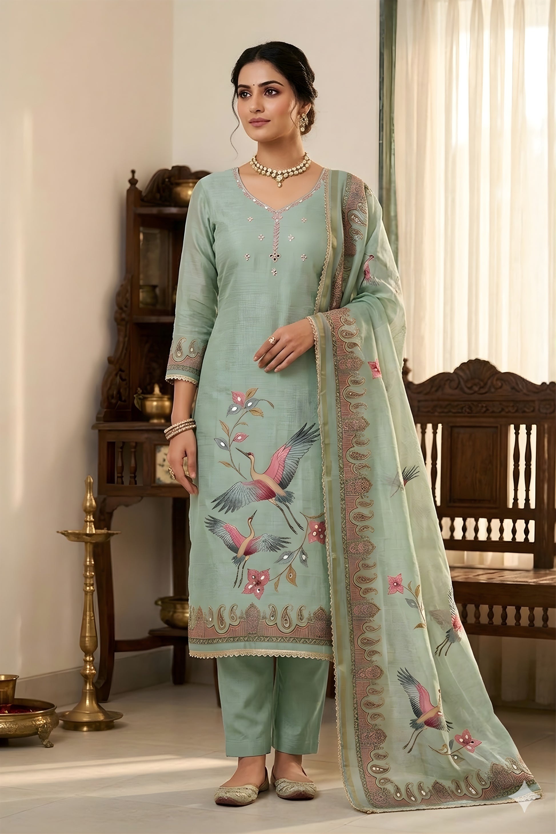 Fresh Mint Green Linen Cotton Printed Semi-Stitched Straight Salwar Suit with Dupatta